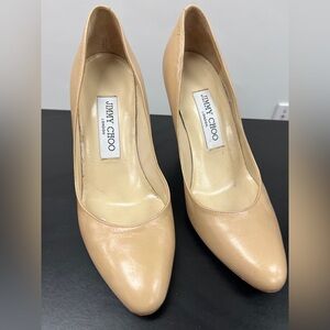 Jimmy Choo Nude Leather Pointed Toe Pumps Classic Designer Heels, Size 37 / 7